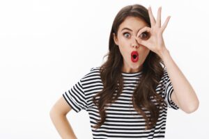 Wow So Cool Promo Impressed Good Looking Fashionable Female With Red Lipstick Striped T Shirt Fold Lips Amazed Check Out Incredible Thing 1